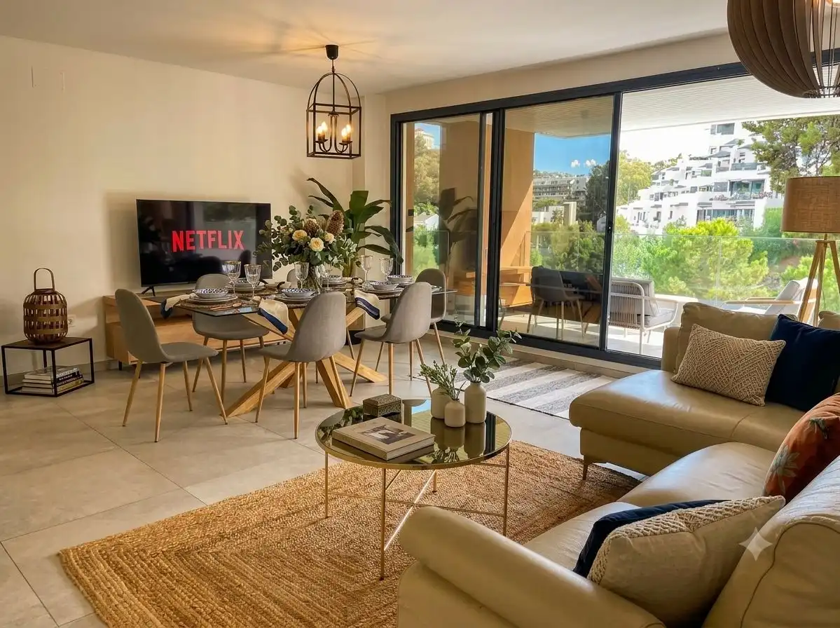 Wohnzimmer von Wohnung zur Miete in Benahavís mit Klimaanlage, Terrasse und Möbliert
