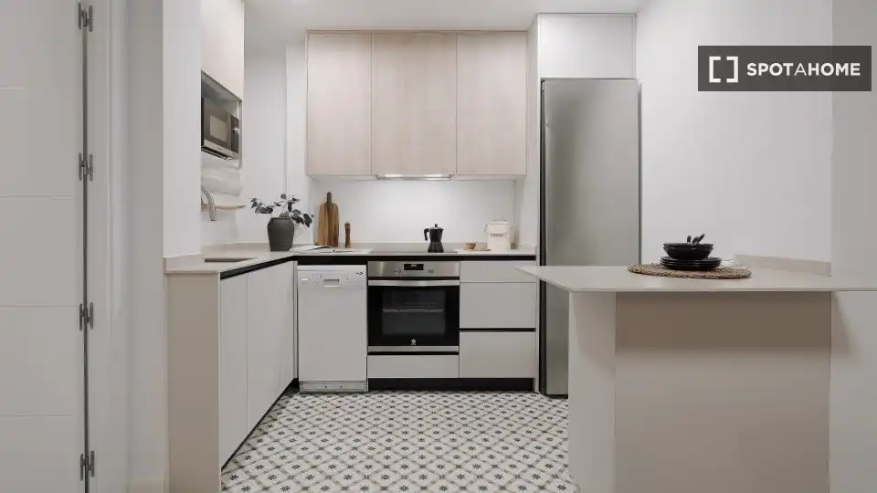 Cuina de Apartament per a compartir en Madrid amb Aire condicionat, Terrassa i Moblat
