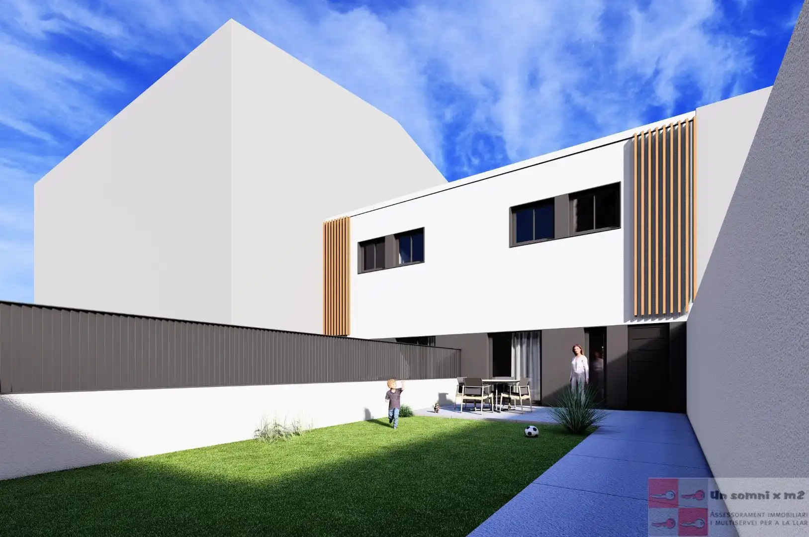 Außenansicht von Einfamilien-Reihenhaus zum Verkauf in Masquefa mit Heizung, Terrasse und Abstellraum