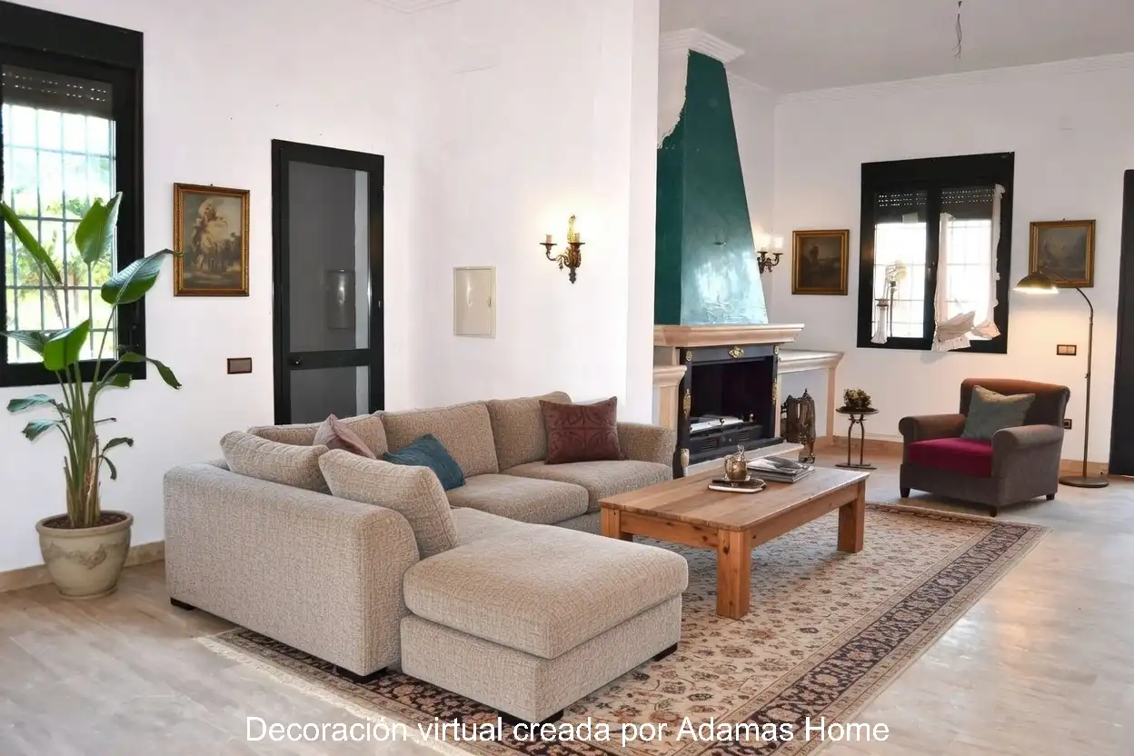 Sala d'estar de Casa o xalet en venda en Sanlúcar la Mayor amb Jardí privat, Terrassa i Piscina
