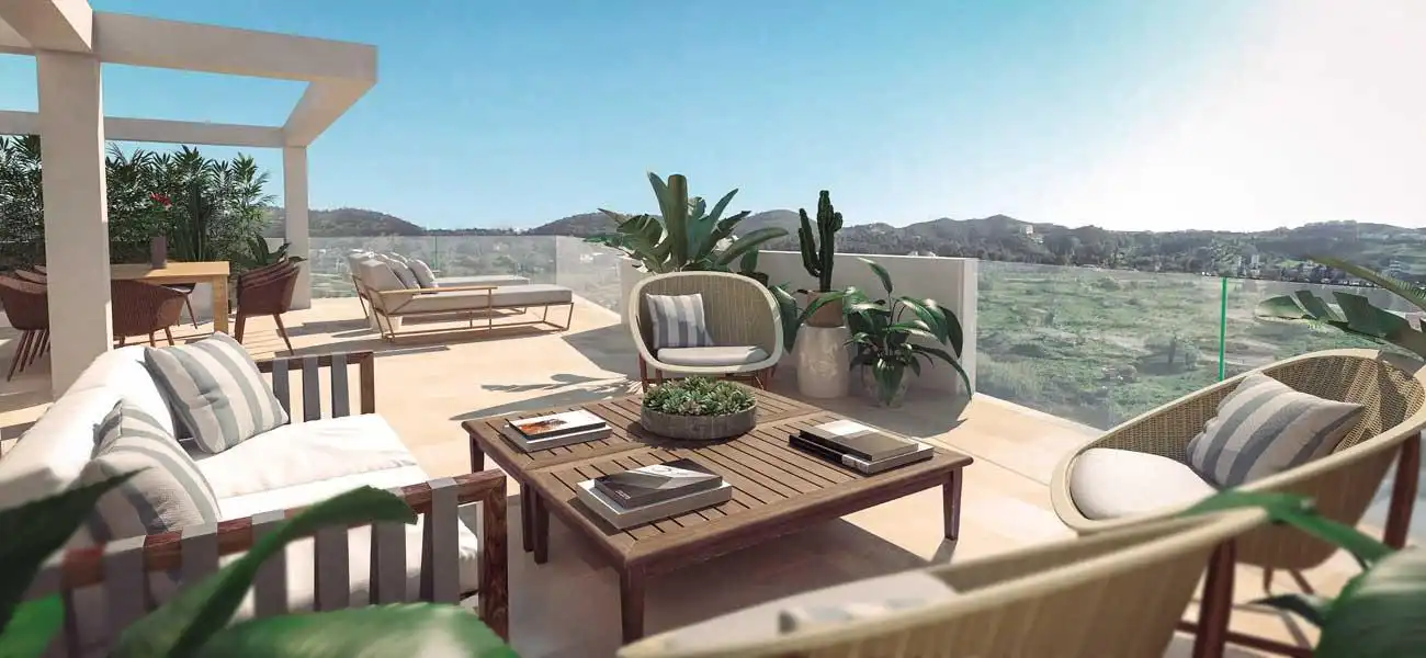 Terraza de Apartamento en venta en Mijas con Aire acondicionado, Jardín privado y Piscina