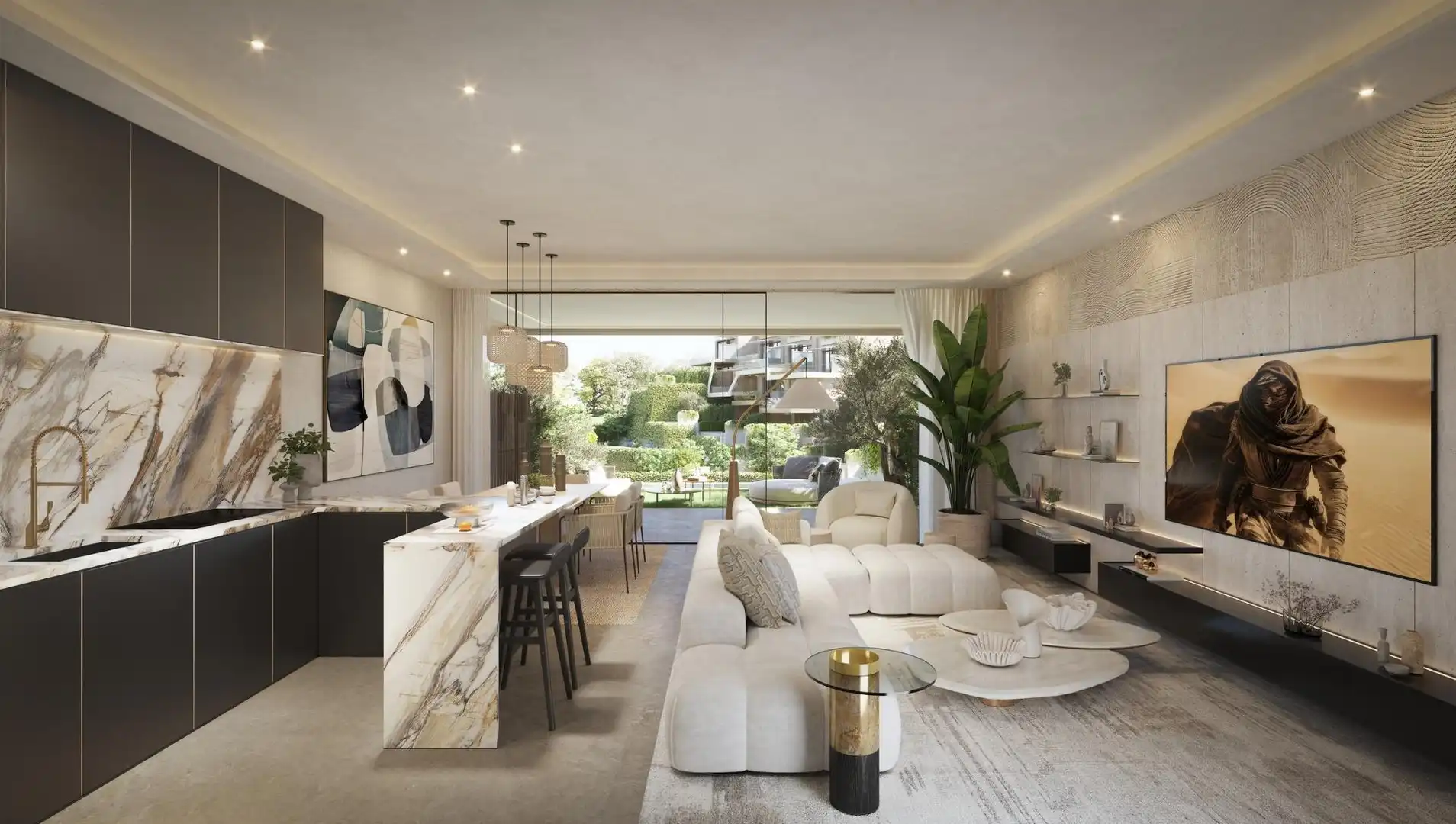 Sala de estar de Casa adosada en venta en Marbella con Jardín privado, Terraza y Piscina