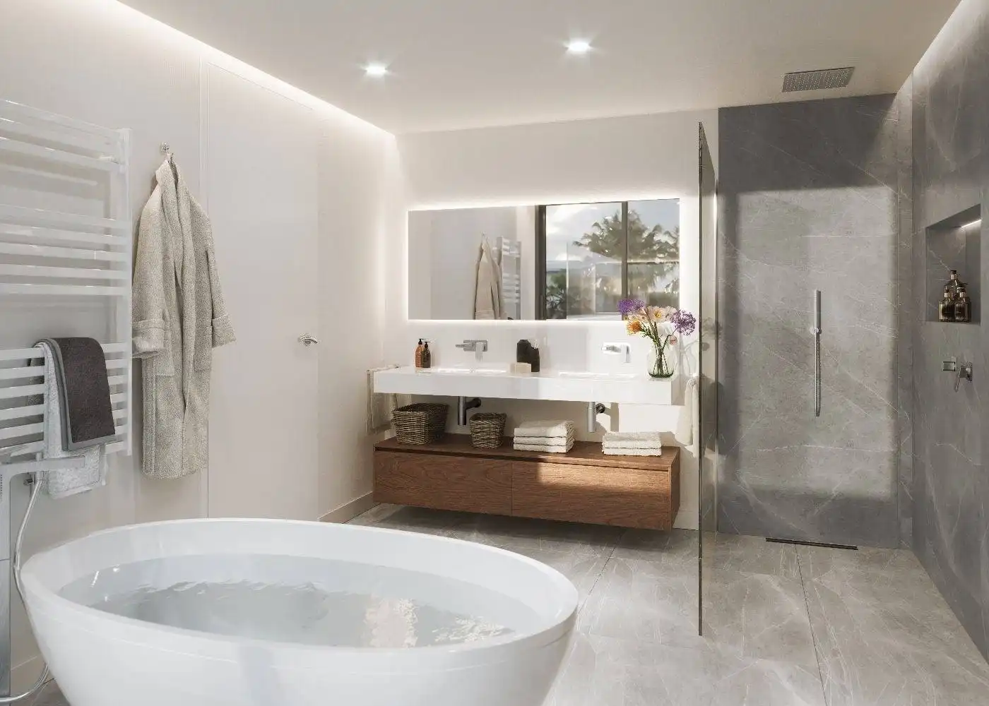 Badezimmer von Wohnungen zum Verkauf in Estepona mit Klimaanlage, Heizung und Privatgarten