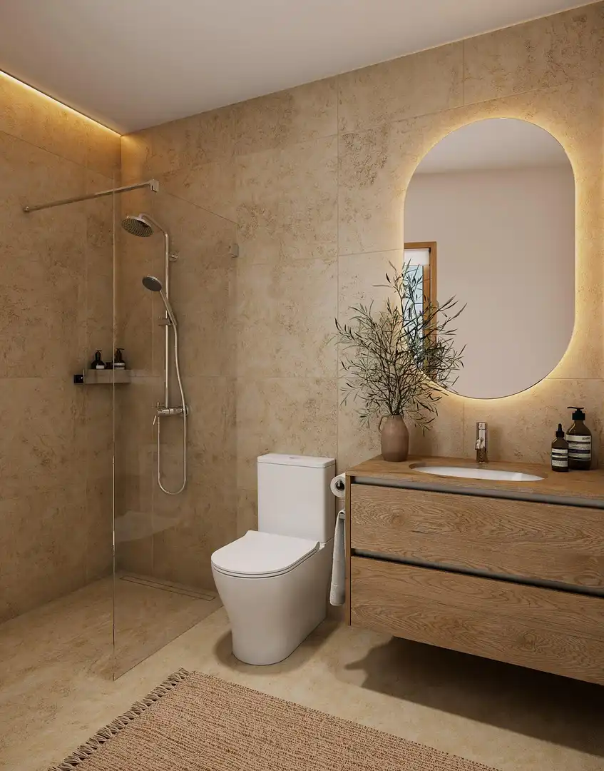 Badezimmer von Wohnungen zum Verkauf in Fuengirola mit Klimaanlage, Heizung und Privatgarten