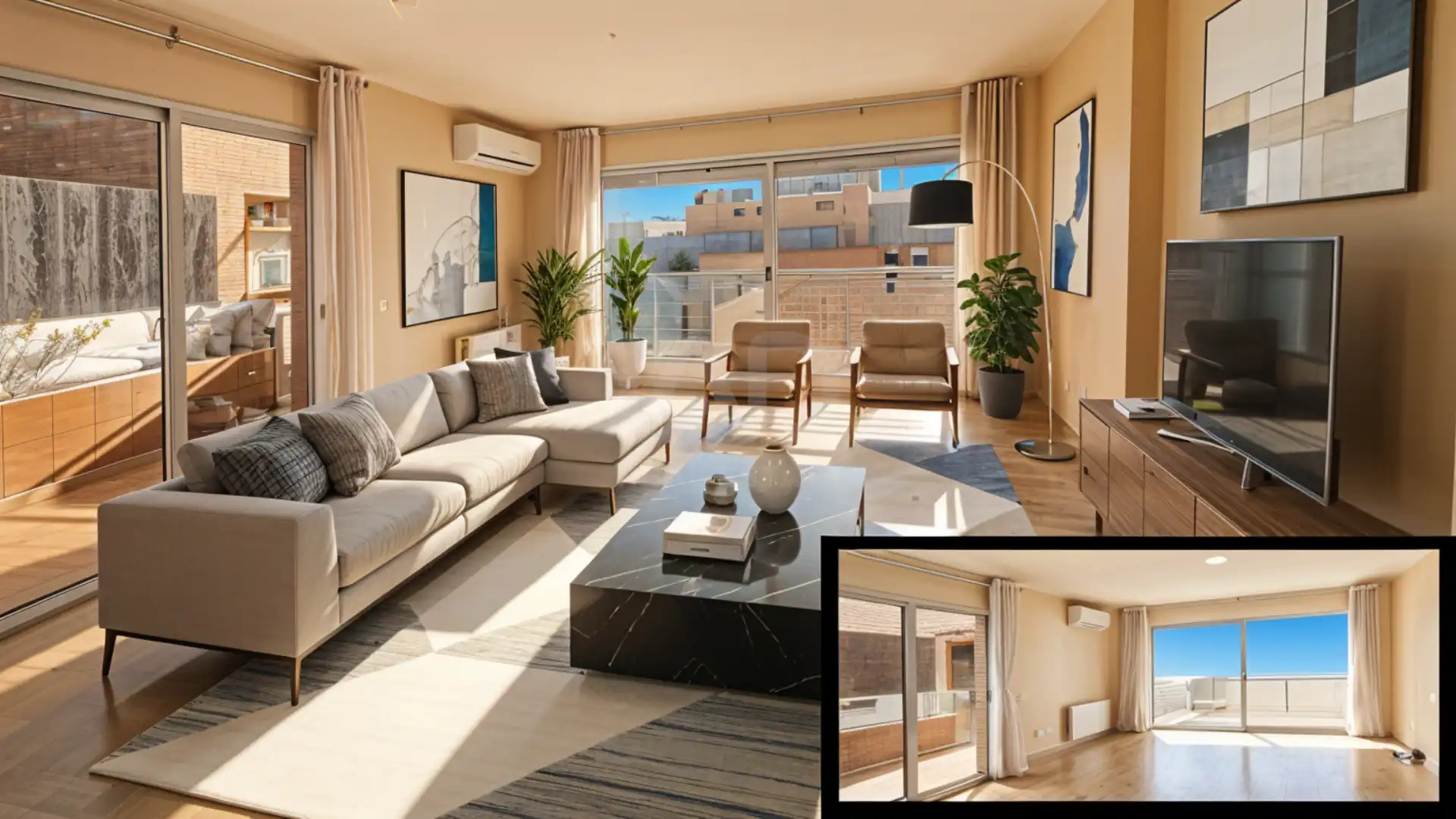 Wohnzimmer von Einfamilien-Reihenhaus zum Verkauf in Barcelona mit Klimaanlage, Heizung und Terrasse