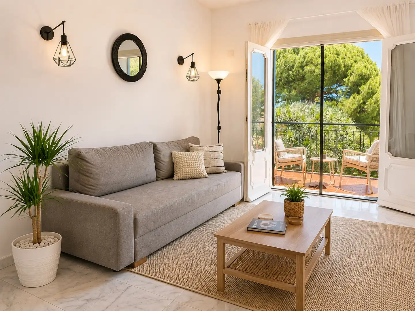 Wohnzimmer von Wohnungen zur Miete in Benalmádena mit Klimaanlage, Privatgarten und Schwimmbad