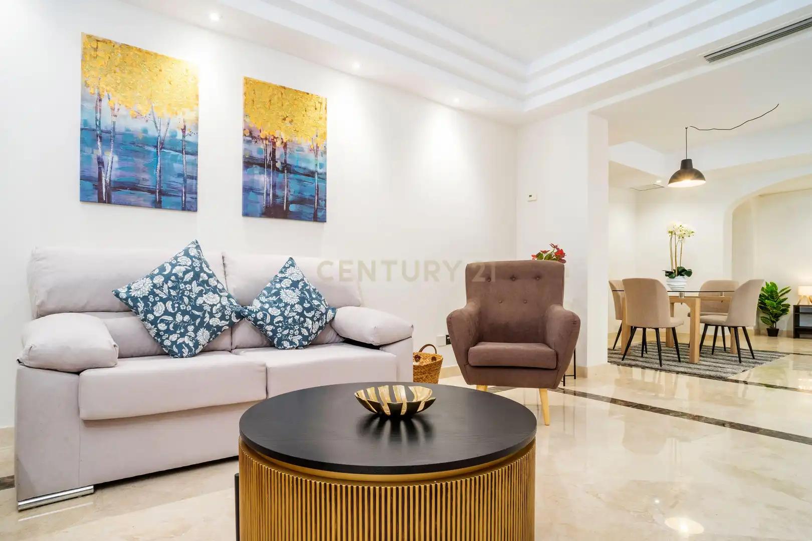 Wohnzimmer von Wohnungen zum Verkauf in Marbella mit Klimaanlage, Privatgarten und Ofen