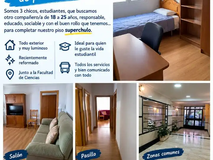 Dormitori de Pis per a compartir en Granada amb Aire condicionat, Calefacció i Parquet