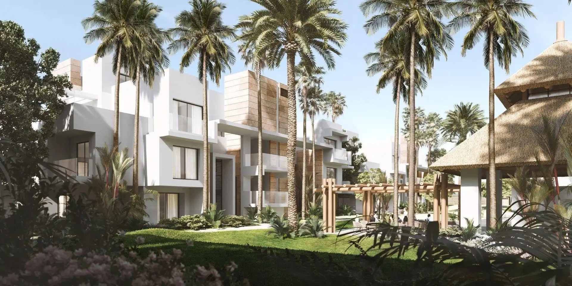 Außenansicht von Wohnungen zum Verkauf in Estepona mit Klimaanlage, Heizung und Privatgarten