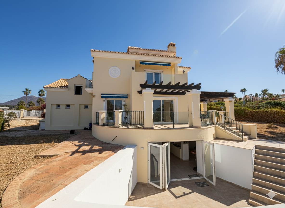 Vista exterior de Casa o xalet en venda en Estepona amb Aire condicionat, Jardí privat i Terrassa