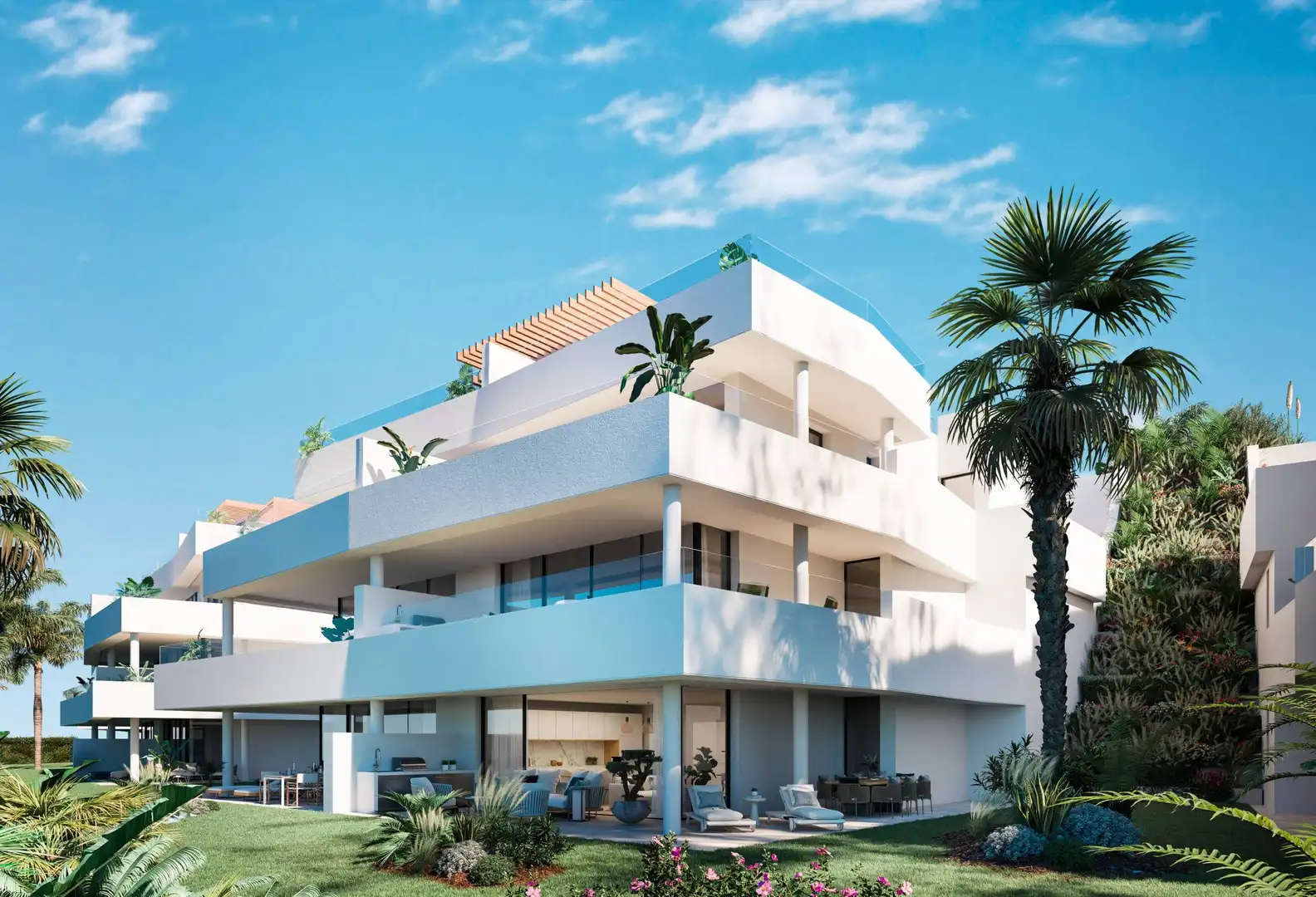 Vista exterior de Planta baja en venta en Estepona con Aire acondicionado, Calefacción y Jardín privado