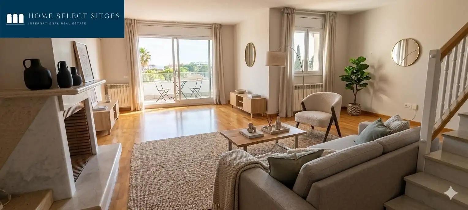 Wohnzimmer von Einfamilien-Reihenhaus zum Verkauf in Sitges mit Klimaanlage, Heizung und Parkett