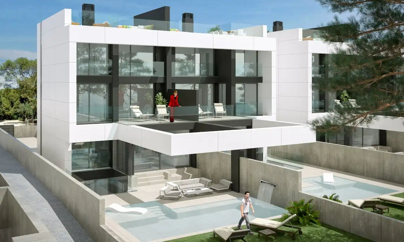 Außenansicht von Einfamilien-Reihenhaus zum Verkauf in El Campello mit Privatgarten, Terrasse und Abstellraum
