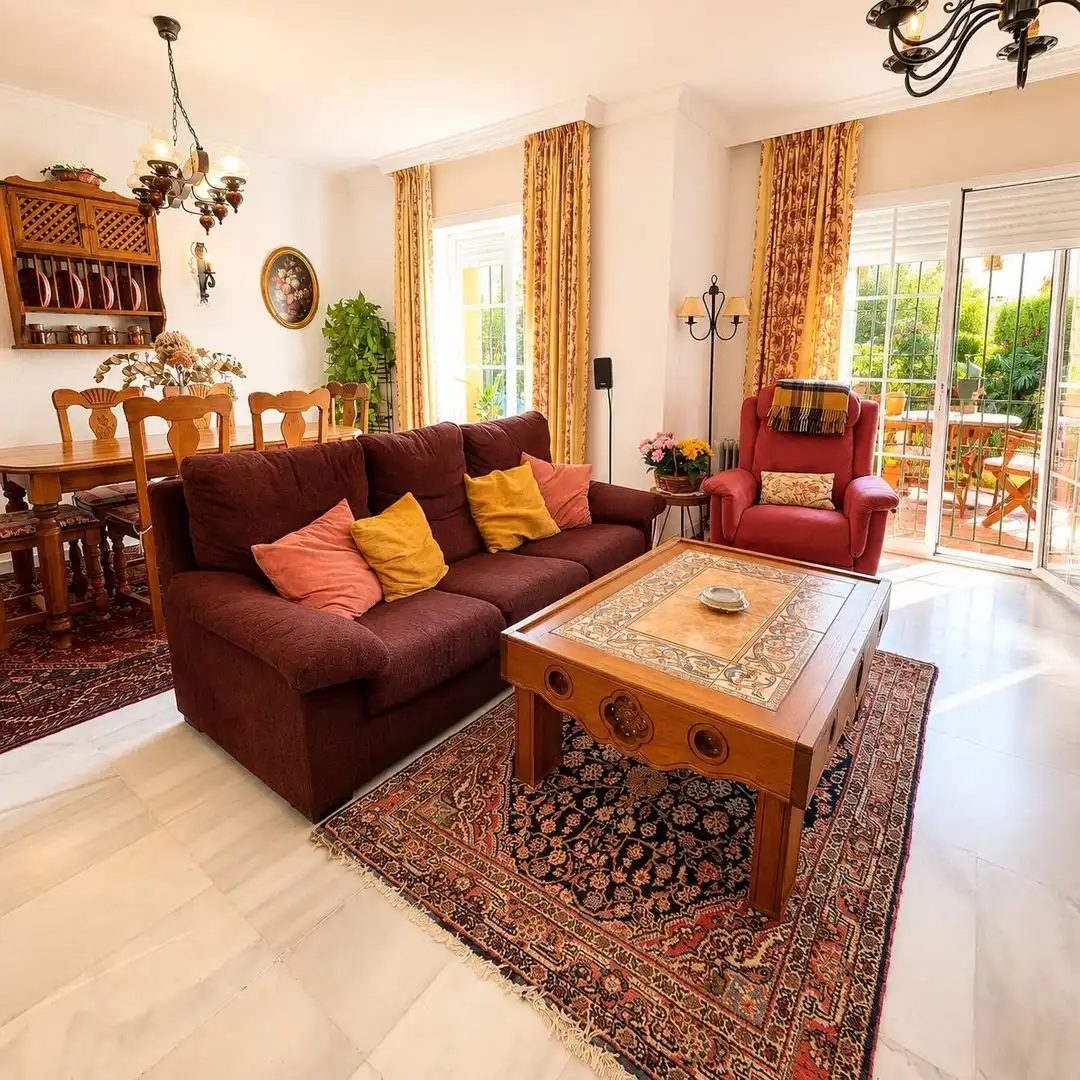 Wohnzimmer von Einfamilien-Reihenhaus zum Verkauf in Estepona mit Heizung, Privatgarten und Terrasse