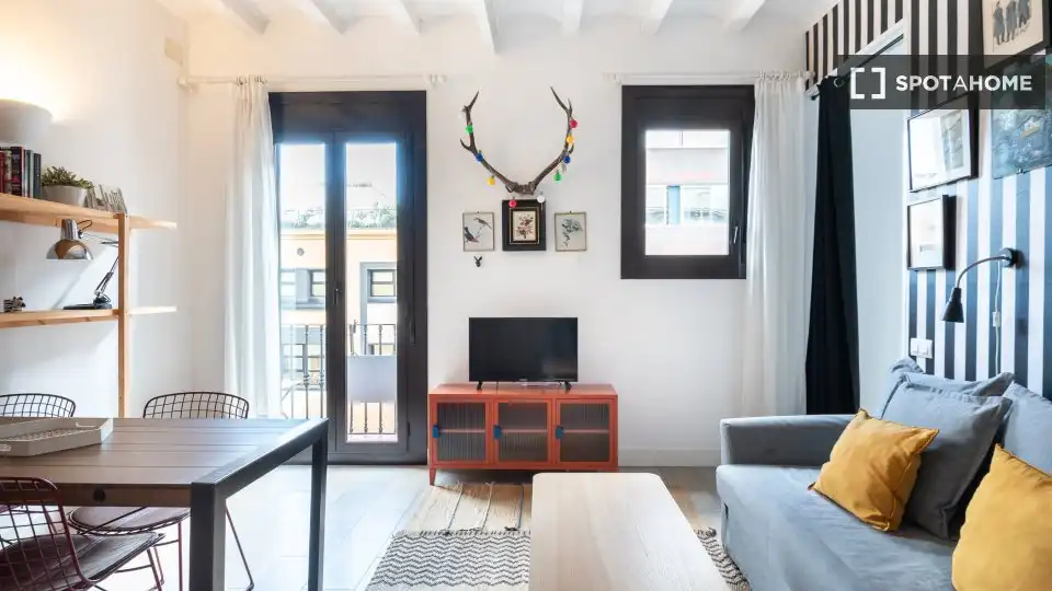 Sala d'estar de Estudi per a compartir en Barcelona amb Aire condicionat, Terrassa i Moblat