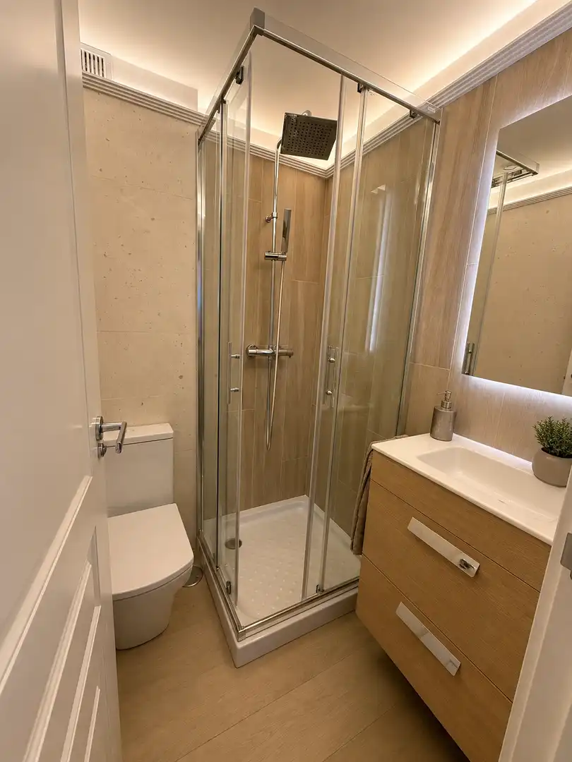 Flat for rent in Calle de Lope de Rueda, Ibiza de Madrid Bathroom of Flat for rent in Madrid with Air Conditioner, Heating and Private garden